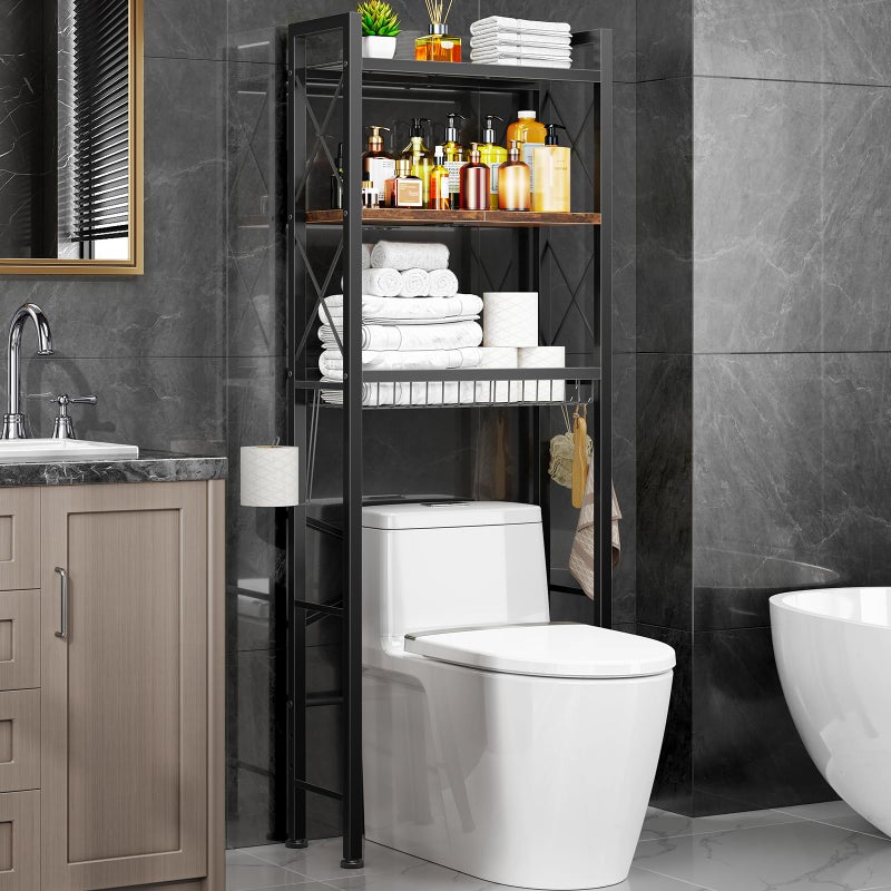 Kalrin Over The Toilet Storage with X Shape Side Guardrail, 3-Tier Over Toilet Storage Rack with Drain Basket, Freestanding Bathroom Organizer for Balcony Laundry, Vintage Brown - Image 1