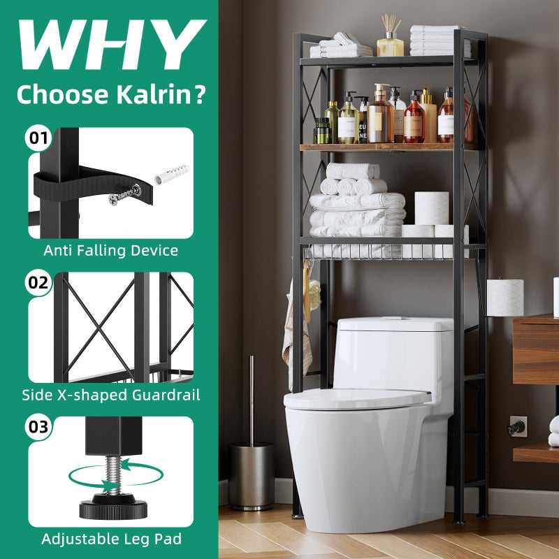 Kalrin Over The Toilet Storage with X Shape Side Guardrail, 3-Tier Over Toilet Storage Rack with Drain Basket, Freestanding Bathroom Organizer for Balcony Laundry, Vintage Brown - Image 3