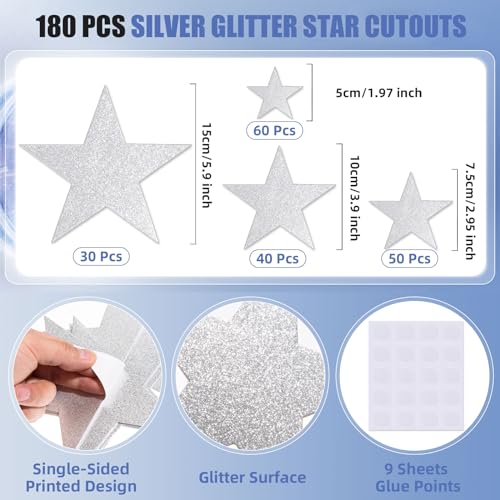 FOBSME 180 Pcs Silver Glitter Star Cutout Paper Five Stars Cutouts Silver Glitter Stars Decorations Star Cutouts for Bulletin Board Classroom Christmas Party Wall Decoration Supply,4 Sizes - Image 2