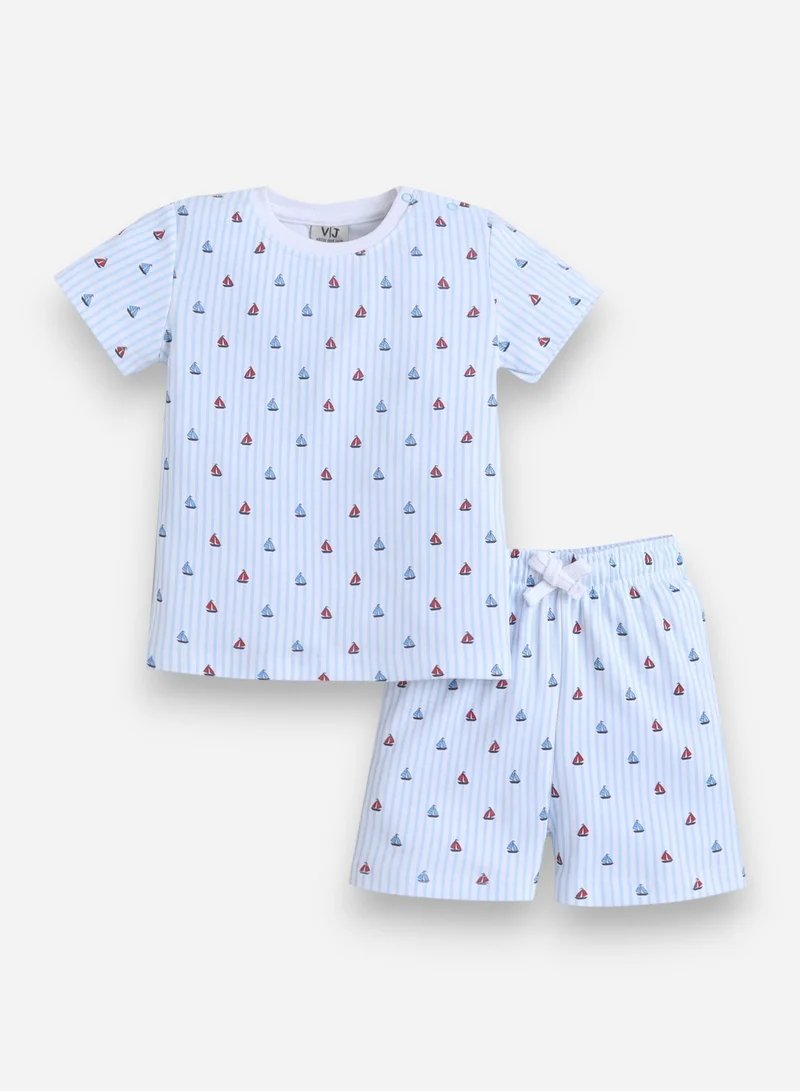 Victor And Jane  Infant Boys Sailboats Print Cotton Pajama Set – Striped T-Shirt & Shorts Nightwear for Men | Best Price UAE
