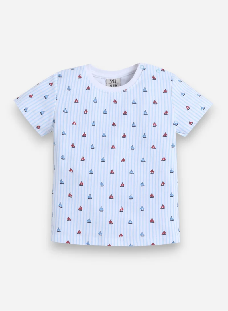 Victor And Jane  Infant Boys Sailboats Print Cotton Pajama Set – Striped T-Shirt & Shorts Nightwear for Men | Best Price UAE
