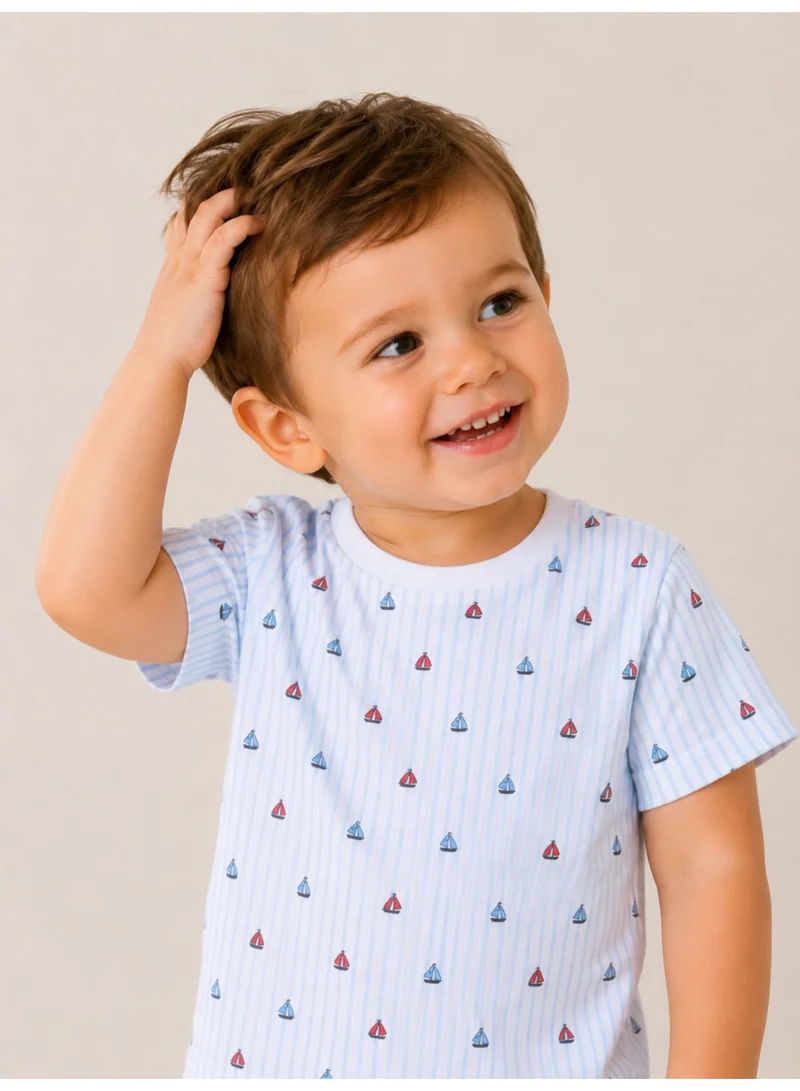 فكتور اند جين Infant Boys Sailboats Print Cotton Pajama Set – Striped T-Shirt & Shorts Nightwear
