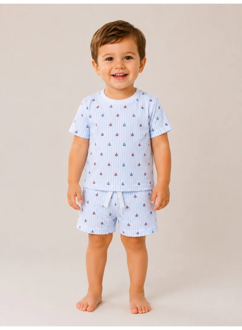 فكتور اند جين Infant Boys Sailboats Print Cotton Pajama Set – Striped T-Shirt & Shorts Nightwear