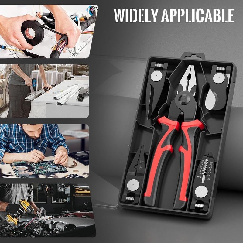 MECHBORN MECHBORN 5 in 1 multifunctional Pliers Tool Kit With 5 Interchangeable Heads Special For Electricians Combination Lineman PliersCable CuttingWire StrippingCrimping Tools  - Image 5