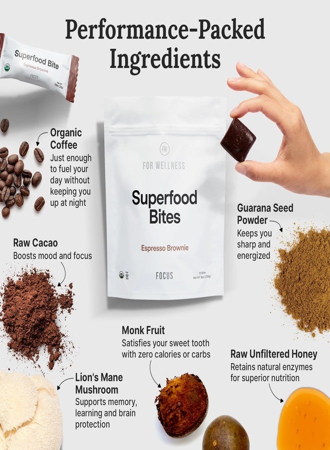 For Wellness Superfood Bites Focus | Healthy Snacks for Adults and Kids | Organic, Healthy Snack with Nootropics for Energy and Brain Food | Cocoa Espresso Brownie Bites, 20 Count - Image 4