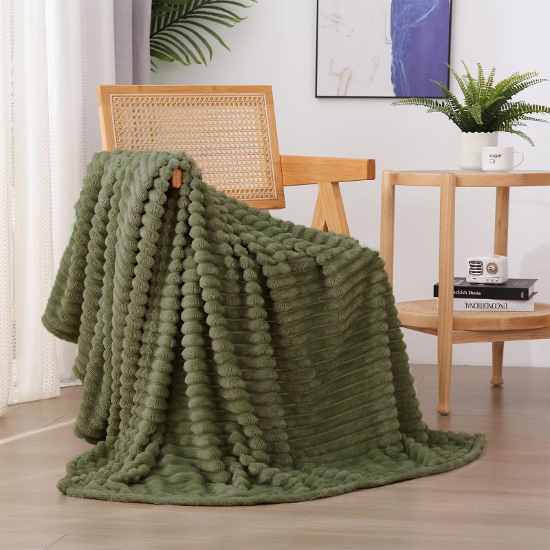 Linecooo Olive Green Fleece Throw Blanket 5060 for Couch Sofa BedSuper Soft Cozy Plush Microfiber Flannel Blanket with Stripes Design Lightweight for AdultsWomanGirls