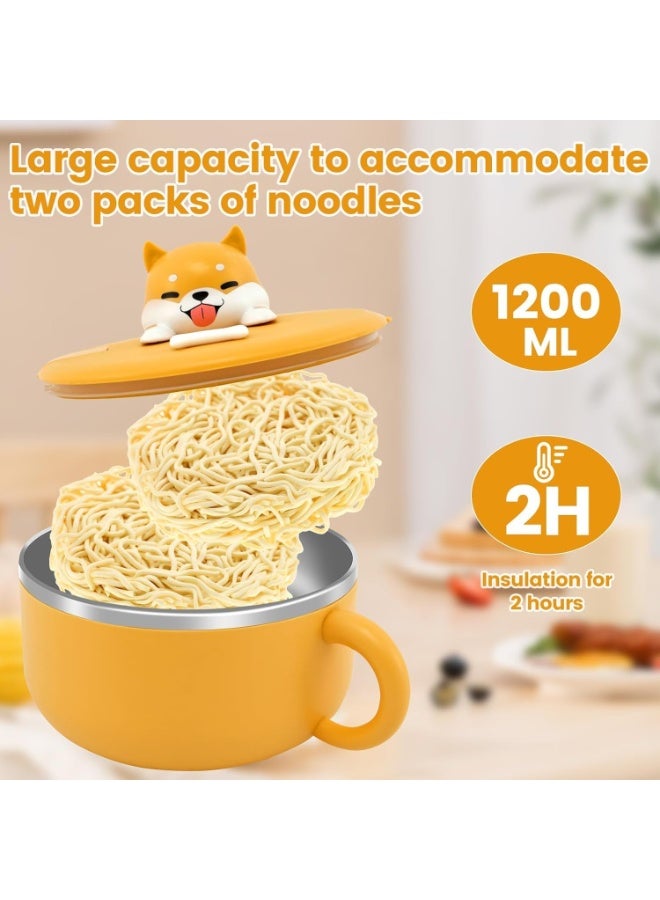 BIGTHREE 1200ml Stainless Steel Ramen Bowl, with Lid & Spork, Heat-Resistant, Cute Dog Instant Ramen Noodle Bowl, Portable Noodle & Soup Cooker for Office, Dorm, Home, Microwave Safe - Image 2