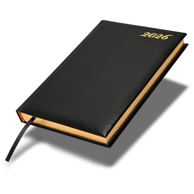 FIS مفكرة FIS الدولية 2026 A5، 148x210 مم، غلاف جلد مزود بحشوة من جهة واحدة، زوايا مدورة، حواف مطلية بالذهب، 7 لغات متعددة، ورق إيطالي عاجي 70 جرام، غلاف أسود - FSDI136-7BG26BK - Image 1