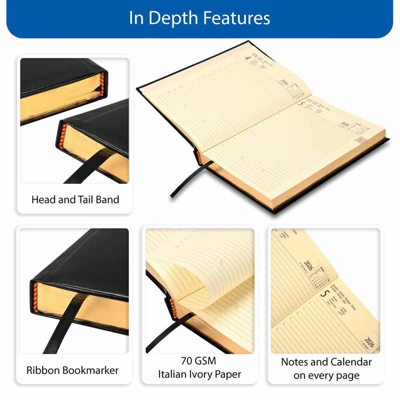 FIS مفكرة FIS الدولية 2026 A5، 148x210 مم، غلاف جلد مزود بحشوة من جهة واحدة، زوايا مدورة، حواف مطلية بالذهب، 7 لغات متعددة، ورق إيطالي عاجي 70 جرام، غلاف أسود - FSDI136-7BG26BK - Image 5