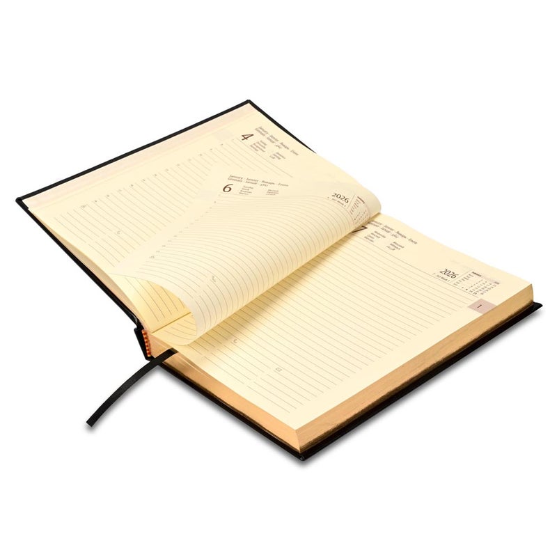 FIS مفكرة FIS الدولية 2026 A5، 148x210 مم، غلاف جلد مزود بحشوة من جهة واحدة، زوايا مدورة، حواف مطلية بالذهب، 7 لغات متعددة، ورق إيطالي عاجي 70 جرام، غلاف أسود - FSDI136-7BG26BK - Image 4