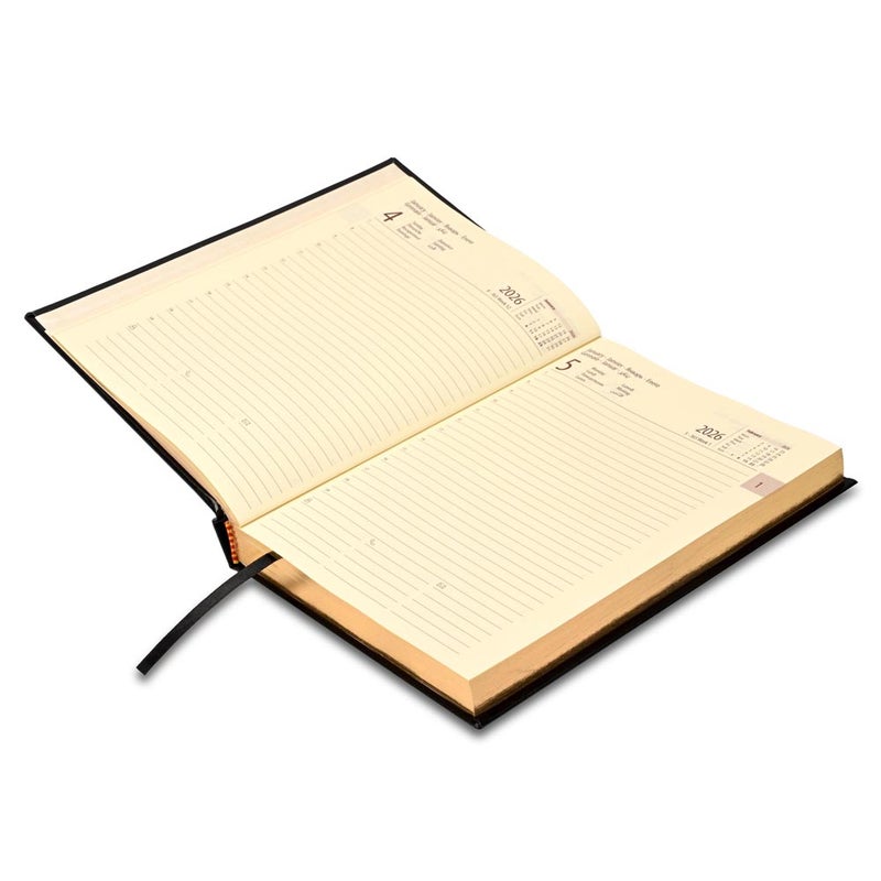 FIS مفكرة FIS الدولية 2026 A5، 148x210 مم، غلاف جلد مزود بحشوة من جهة واحدة، زوايا مدورة، حواف مطلية بالذهب، 7 لغات متعددة، ورق إيطالي عاجي 70 جرام، غلاف أسود - FSDI136-7BG26BK - Image 3