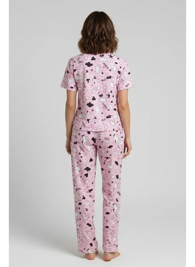 Aytuğ Pink Cotton Short Sleeve T‑Shirt and Pants Set.