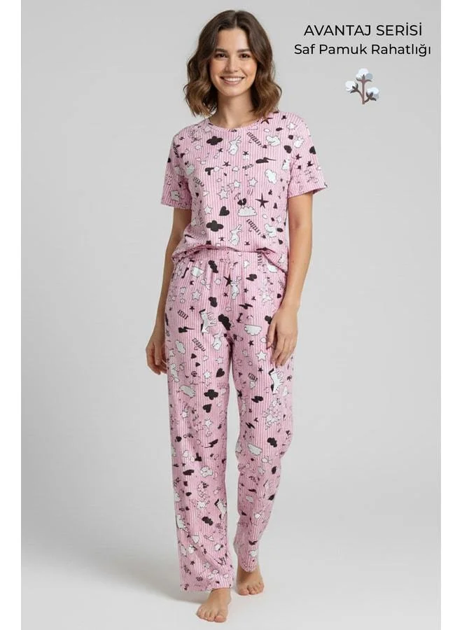 Aytuğ Pink Cotton Short Sleeve T‑Shirt and Pants Set.