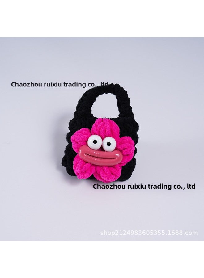 Pink Cute Cyber Red Bear Lion Wake Flower Plush Hand-woven Drop-resistant Headphone Bag Bluetooth Headphone Protective Cover Finished Product-Color:Black Bag With Rose Red Flowers And Red Mouth  - Image 1