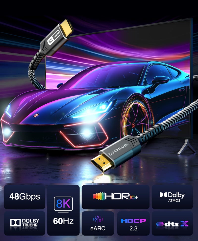 BlueRigger 10K 8K Certified HDMI 2.1 Cable 48Gbps (10FT, 8K 60Hz, 4K 120Hz, eARC, HDR10 VRR HDCP 2.3) Certified Ultra High Speed HDMI Cable Braided Cord- For Gaming PS5 Xbox Series X Roku HDTV Monitor - Image 3