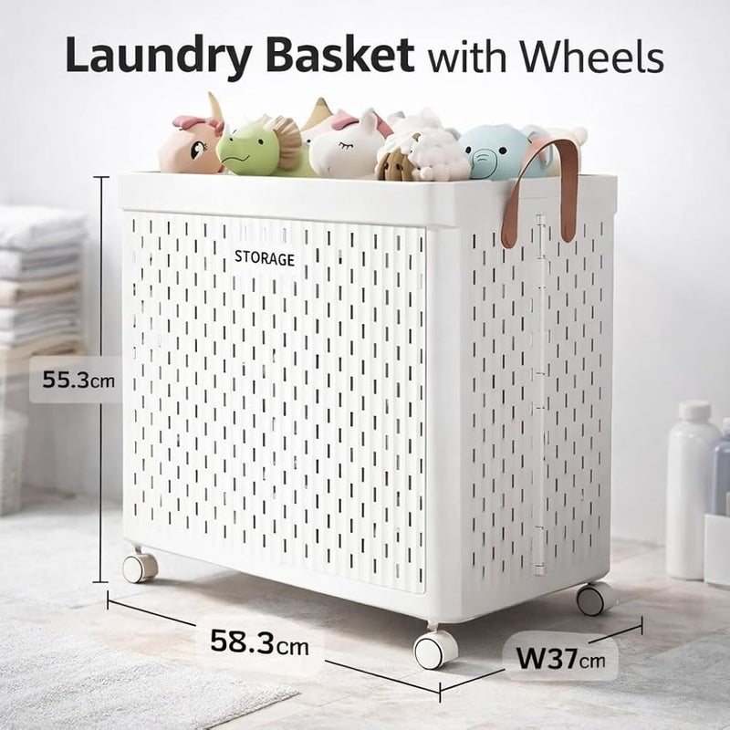 XVersion Laundry Basket 120L with Wheels, Large Foldable Plastic Clothes Hamper with Handle Grip, Collapsible Laundry Storage Bin for Home, Bedroom and Bathroom, Ivory White - Image 3