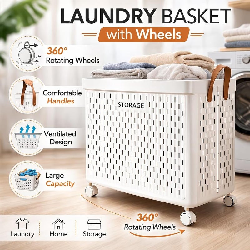 XVersion Laundry Basket 120L with Wheels, Large Foldable Plastic Clothes Hamper with Handle Grip, Collapsible Laundry Storage Bin for Home, Bedroom and Bathroom, Ivory White - Image 2
