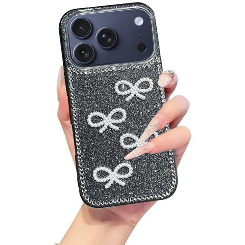 DIZORO Compatible with (iPhone 17 Pro Max Case)(2025), Luxury Diamond Cute with Bow Glitter Bling Case with Full Camera Protection Shockproof PC+TPU Glossy Shiny Back Cover for Girls Women (Black) - Image 1