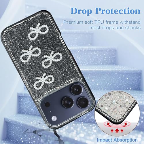 DIZORO Compatible with (iPhone 17 Pro Max Case)(2025), Luxury Diamond Cute with Bow Glitter Bling Case with Full Camera Protection Shockproof PC+TPU Glossy Shiny Back Cover for Girls Women (Black) - Image 4