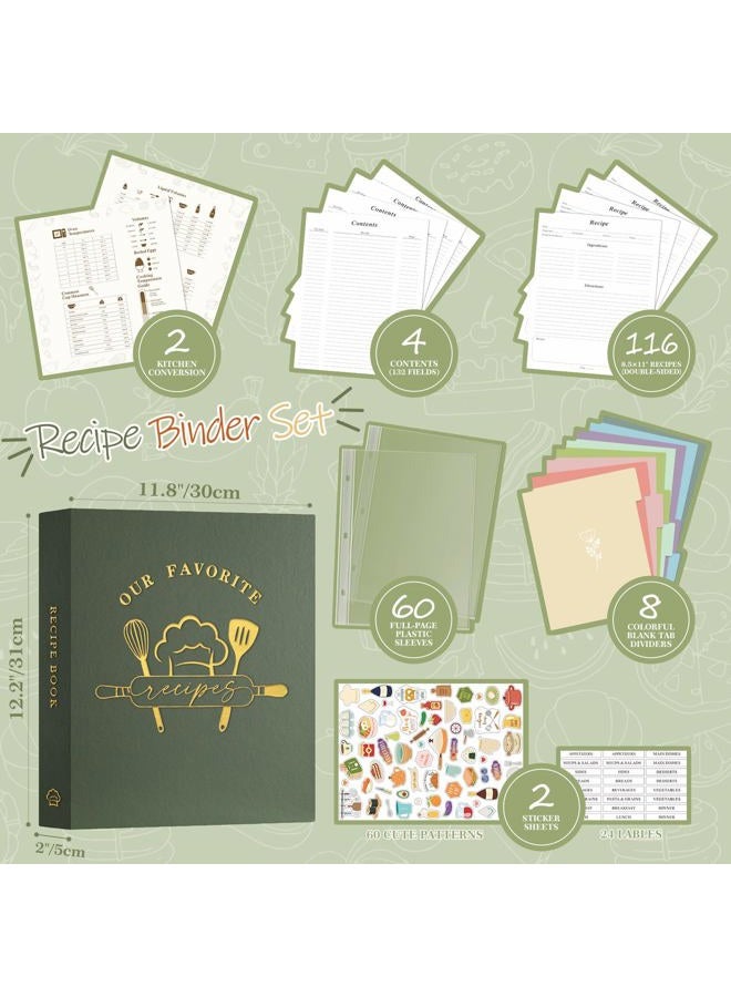 Lanpn Recipe Binder 8.5x11 3 Ring Kit, Waterproof Recipe Book Organizer Binder to Write in Your Own Recipes, Blank Cookbook with 60 Plastic Sleeves,116 Recipes, Dividers, Labels & Stickers, Green - Image 3