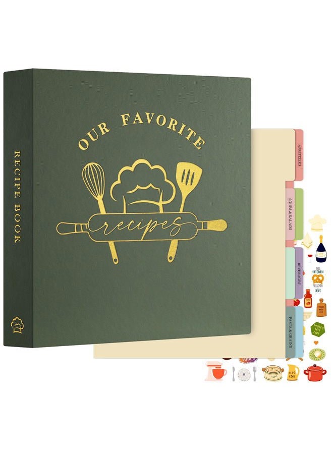 Lanpn Recipe Binder 8.5x11 3 Ring Kit, Waterproof Recipe Book Organizer Binder to Write in Your Own Recipes, Blank Cookbook with 60 Plastic Sleeves,116 Recipes, Dividers, Labels & Stickers, Green - Image 1