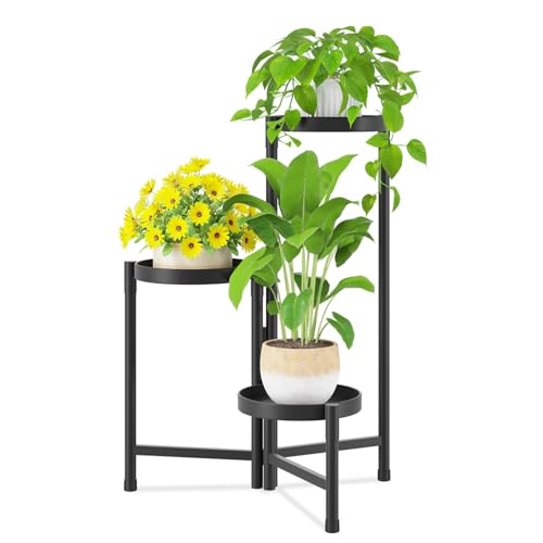 iDavosic.ly iDavosicly Plant Stand Indoor Outdoor 3 Tier Corner Metal Flower Display Holder Shelf Folding Tall Orchid Rack for Patio Balcony Porch Garden Living Room House Black - Image 1