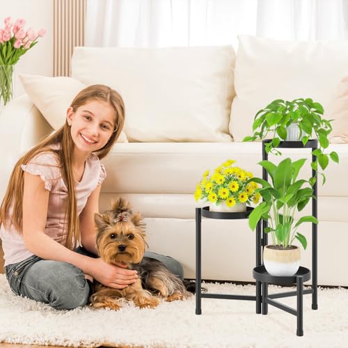 iDavosic.ly iDavosicly Plant Stand Indoor Outdoor 3 Tier Corner Metal Flower Display Holder Shelf Folding Tall Orchid Rack for Patio Balcony Porch Garden Living Room House Black - Image 3
