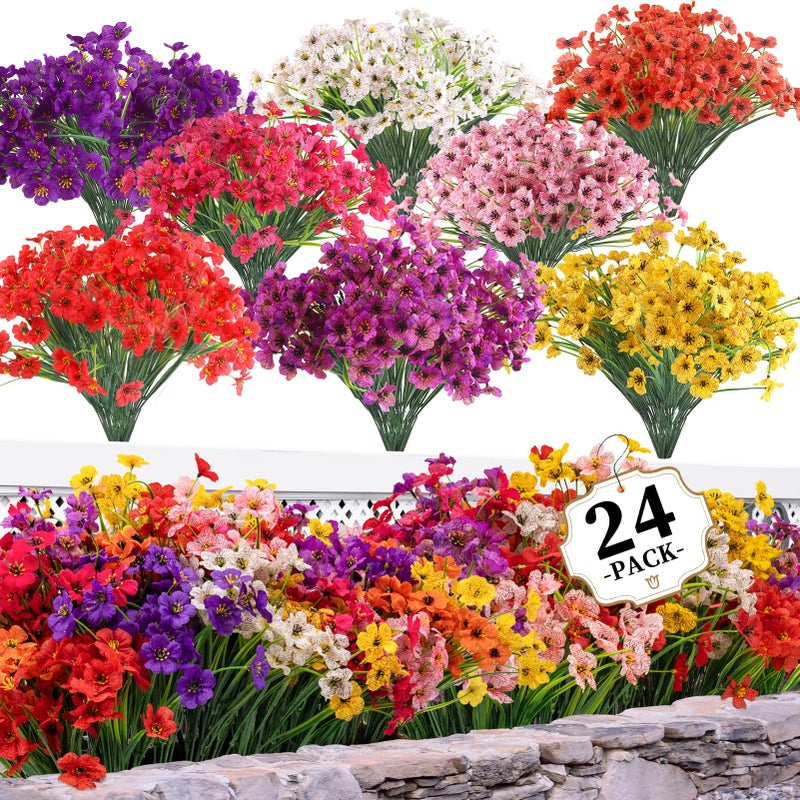 ColoPlay 24 Bundles Artificial Flowers for Outdoors/Indoors, Fake Flowers Plants for Indoor Outside Garden Porch Window Box Home Wedding Farmhouse(8 Color) - Image 1