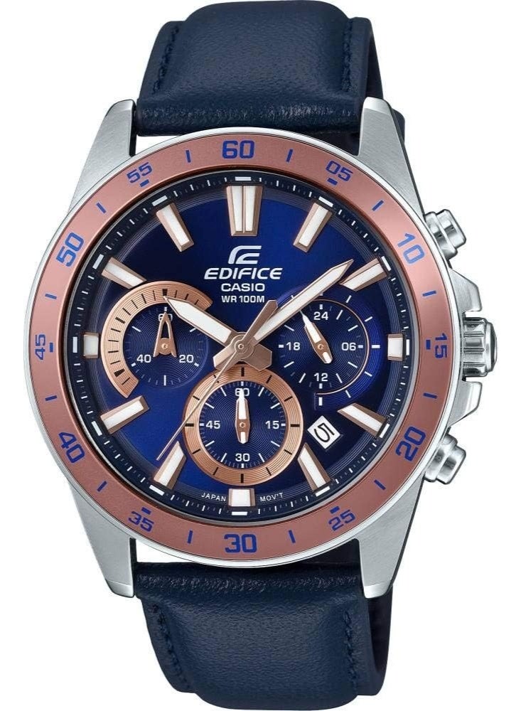 CASIO EDIFICE Chronograph Men's Watch EFV-570L-2BVUDF, 48.5 mm Blue Dial, Leather Strap, 100 m WR - Image 2