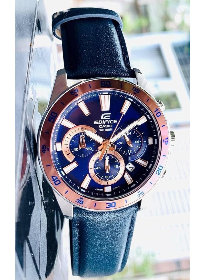 CASIO EDIFICE Chronograph Men's Watch EFV-570L-2BVUDF, 48.5 mm Blue Dial, Leather Strap, 100 m WR - Image 1