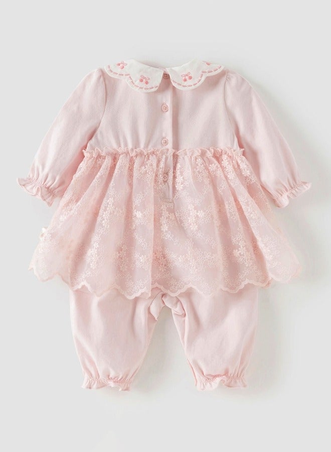 Dave & Bella Baby Girl Lace Overlay Romper with Peter Pan Collar - Image 1