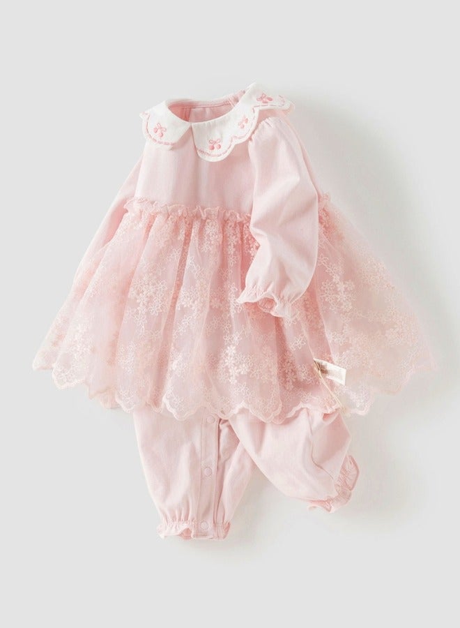 Dave & Bella Baby Girl Lace Overlay Romper with Peter Pan Collar - Image 2