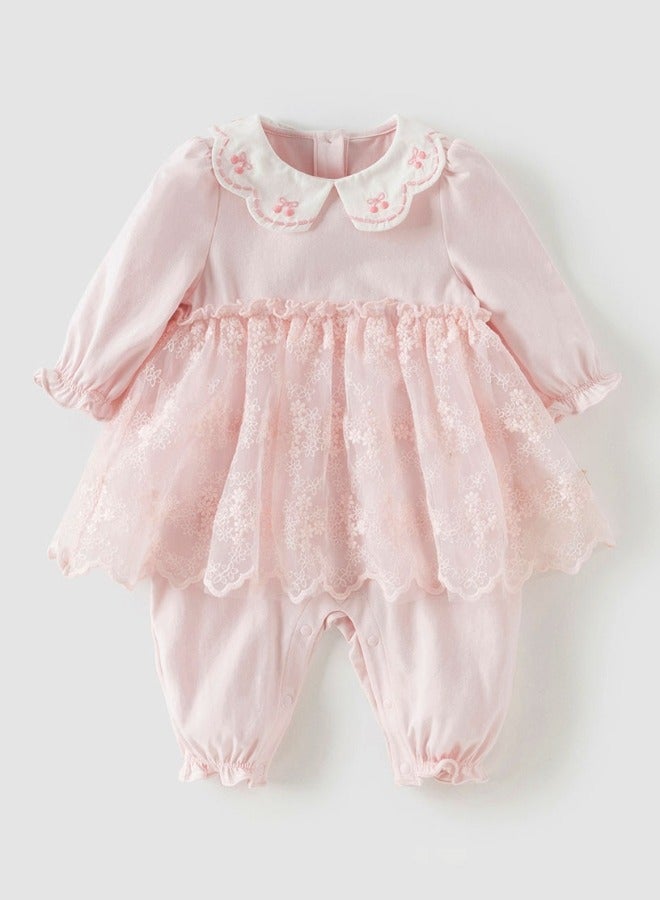 Dave & Bella Baby Girl Lace Overlay Romper with Peter Pan Collar - Image 3