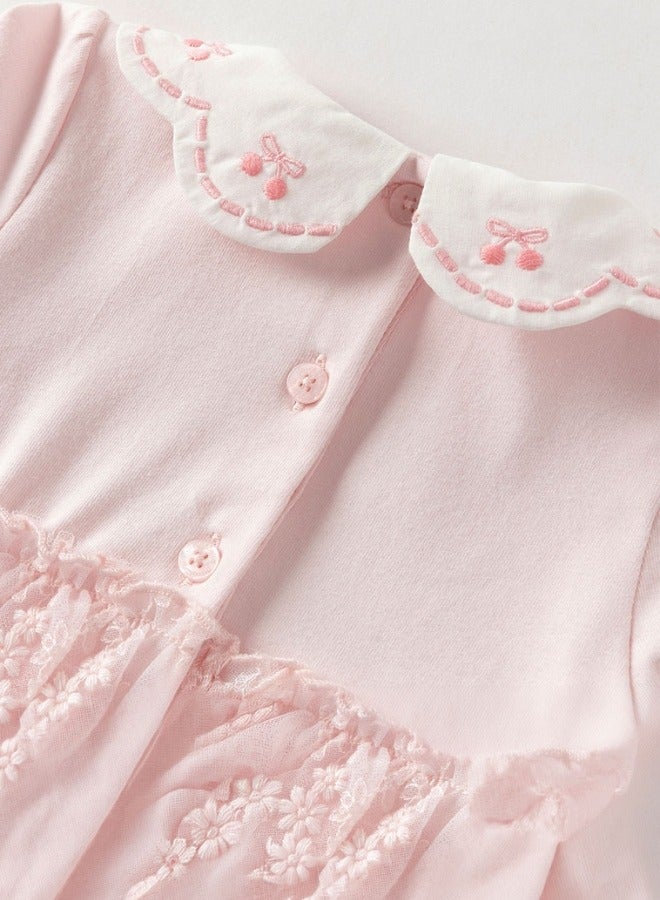 Dave & Bella Baby Girl Lace Overlay Romper with Peter Pan Collar - Image 4