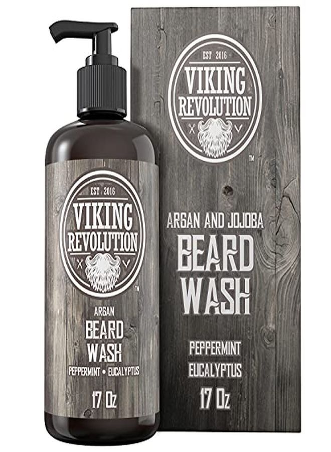 Viking Revolution O W/Argan & Jojoba Oils - Softens & Strengthens - Natural Peppermint And Eucalyptus Scent - Beard Shampoo W/Beard Oil (17 Oz Shampoo)  - Image 1