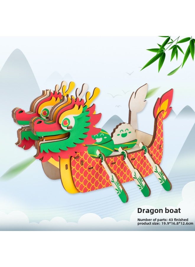Generic - Dragon Boat Festival Handmade Diy Small Gift Dragon Boat Racing Model Dragon Boat Homemade Works Kindergarten Three-dimensional Jigsaw Puzzle Toy-Color:Wooden Dragon Boat - Image 1