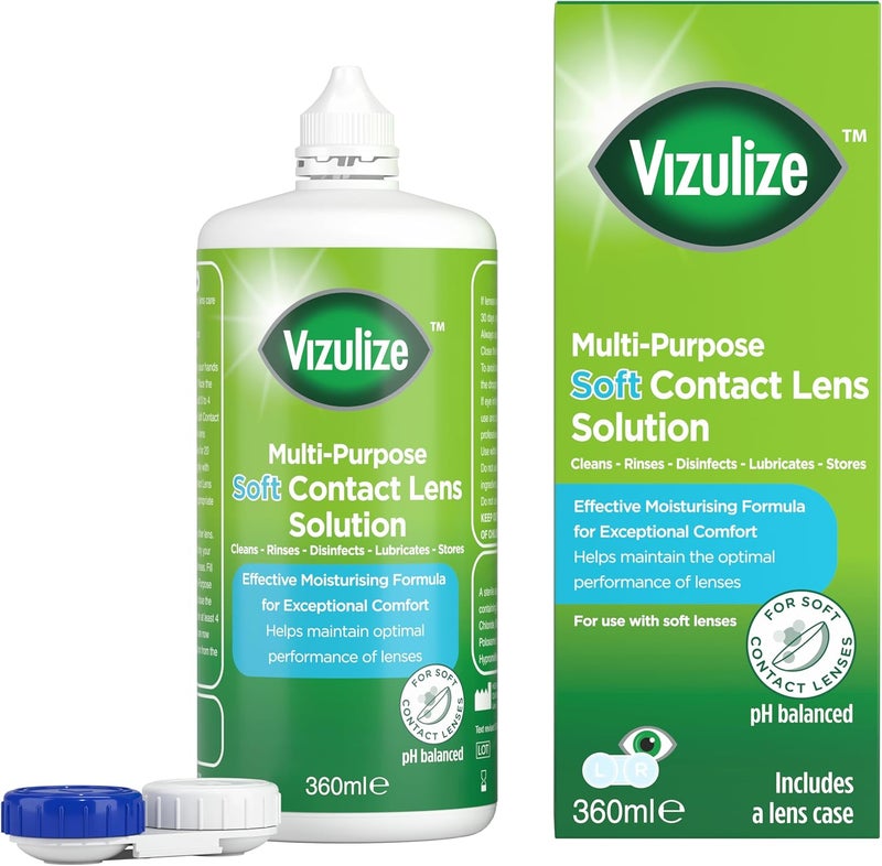 Vizulize All in One Soft Contact Lens Solution 360ml Gentle on Soft lenses cleans rinses disinfects and lubricates for optimal comfort Lens case included - Image 1