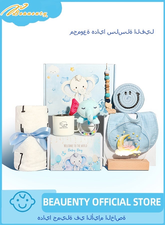 Beauenty Baby Gifts,Baby Shower Gifts for Girls Boys,New Born Baby Girls Gift,Babies Gift Basket,Unique Baby Gift Essential,Gender Reveal Gifts,Rattle Swaddle Blanket Toddler Gifts (blue) - Image 1