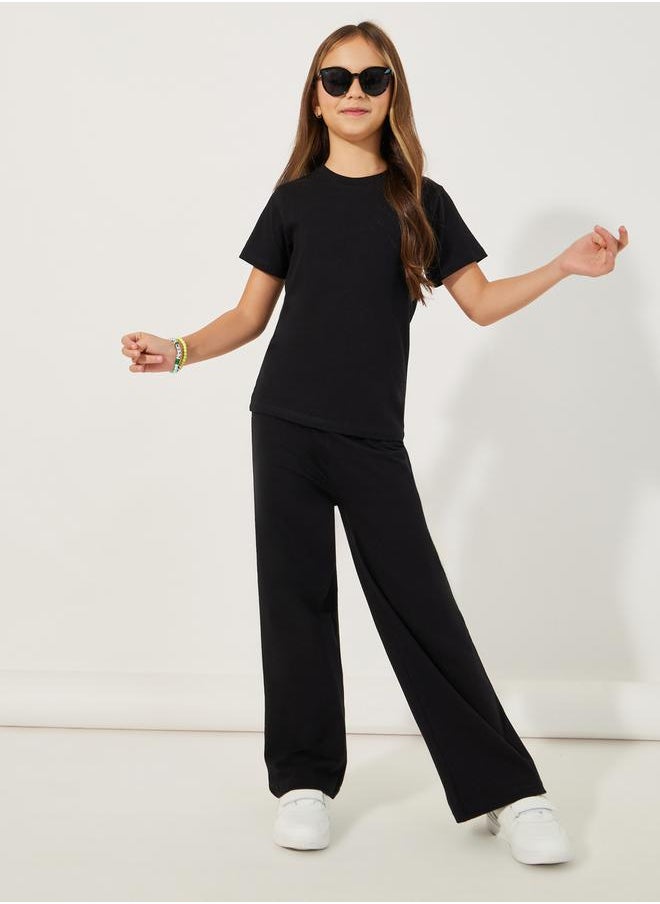 Styli Solid Round Neck T-Shirt & Wide Leg Joggers Co-Ords Set  - Image 1