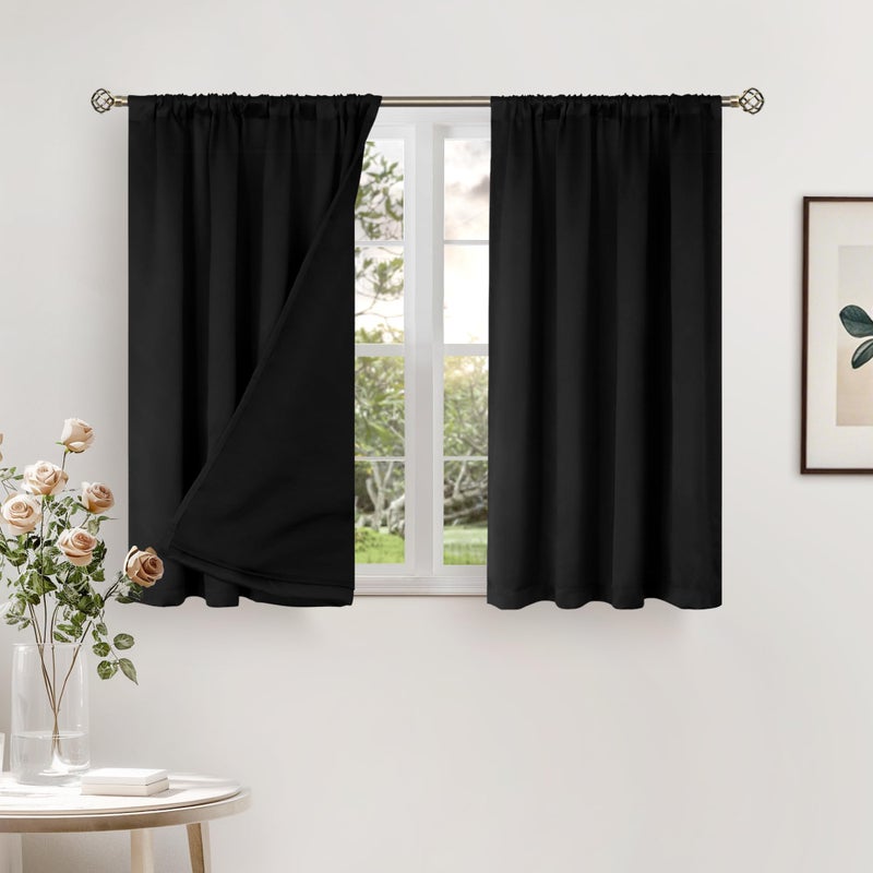 BGment Short Blackout Curtains for Small Window 40 Inch Long  Thermal Insulated Full Room Darkening Bedroom Curtains Soundproof Privacy Rod Pocket Kitchen Curtains  2 Panels  Each Panel 42 Wide  Black - Image 1