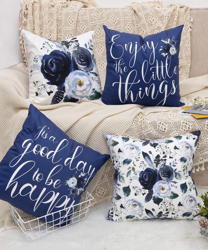 D DIFARIC Navy Blue Throw Pillow Covers 18x18 Inch Floral Roses Flower White Grey Pillows Decorative Throw Pillows Modern Quote Spring Velvet Cushion Case Set of 4 for Couch Bed Sofa - Image 2