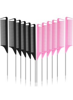 Patelai 12 Pieces Parting Comb For Braids Rat Tail Comb Pintail Comb Teasing Combs With Stainless Steel Pintail For Hair Styling Hairdressing (Black Pink)  - Image 1