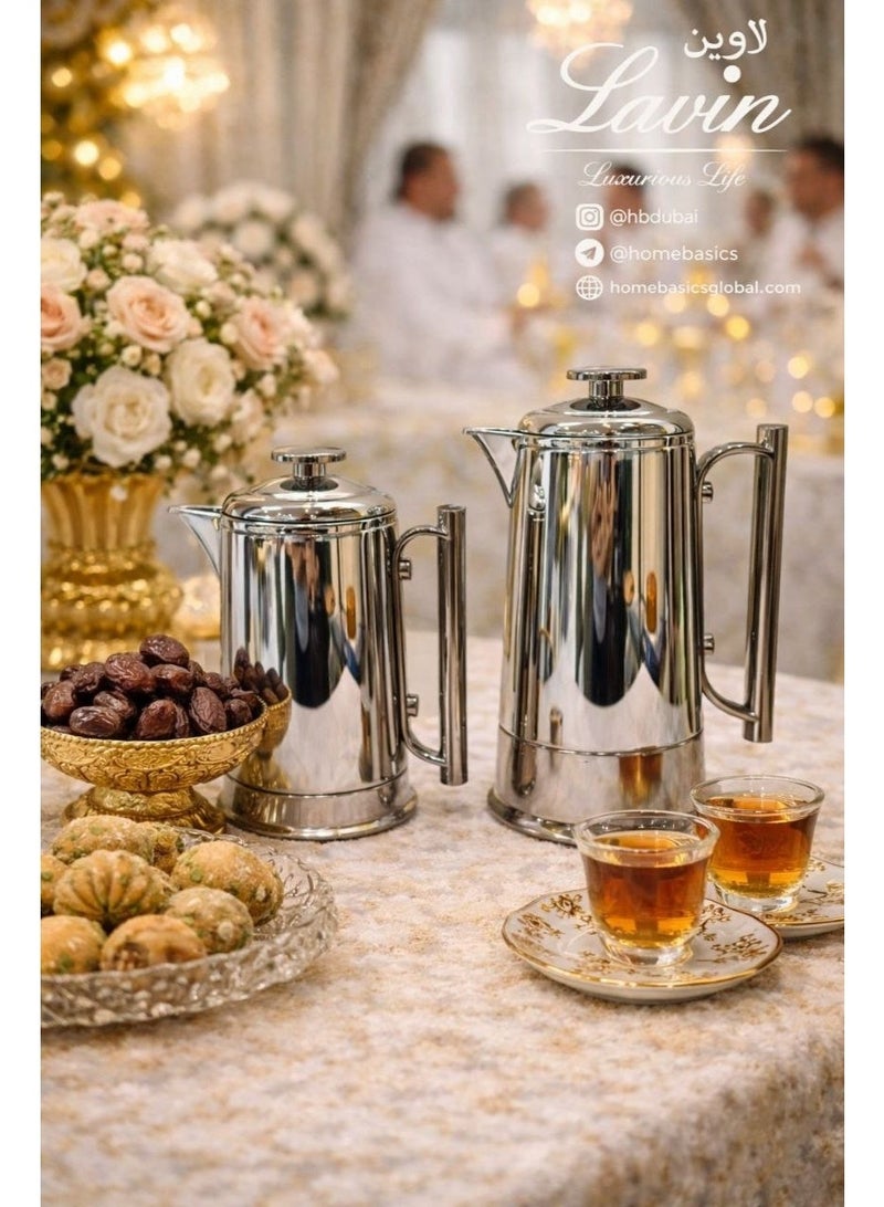 طقم قارورة لافين الفاخرة 600 مل + 1 لتر / ترمس قهوة (قهوة) وشاي على الطراز العربي / داخل زجاجي فاخر / ساخن وبارد / تشطيب كروم + أسود معدني