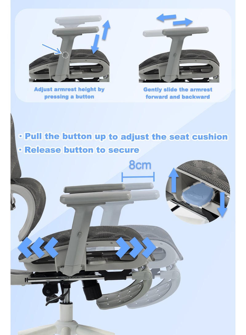 AnneFish Ergonomic Mesh Office Chair with Footrest and Adjustable Lumbar Support Adjustable Height High Back Reclining Chair Adjustable Armrests Executive Desk Chair Home Office Chair Comfortable Computer Gaming Chair With Silent Swivel Wheels - Image 4