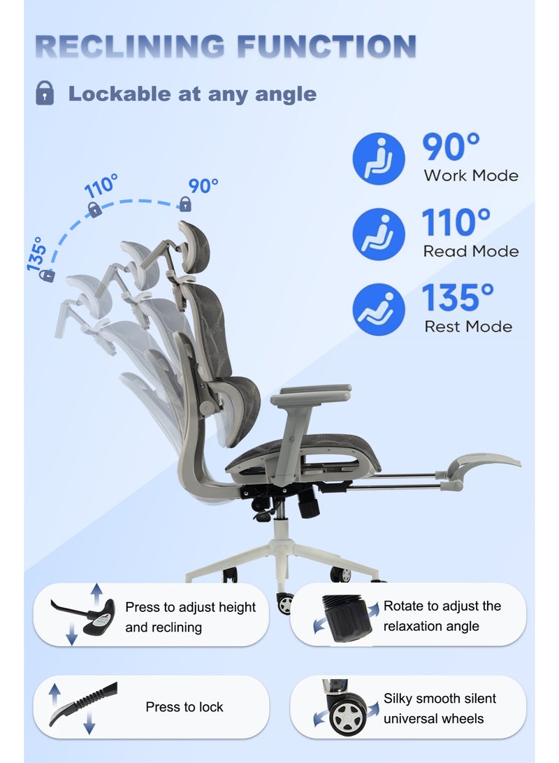 AnneFish Ergonomic Mesh Office Chair with Footrest and Adjustable Lumbar Support Adjustable Height High Back Reclining Chair Adjustable Armrests Executive Desk Chair Home Office Chair Comfortable Computer Gaming Chair With Silent Swivel Wheels - Image 5