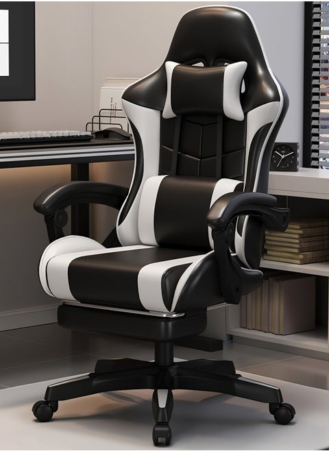 Black & White Gaming Chair with Footrest: Internet Cafe E-Sports Recliner - Comfortable Swivel Seat for Home Office and Computer Gaming