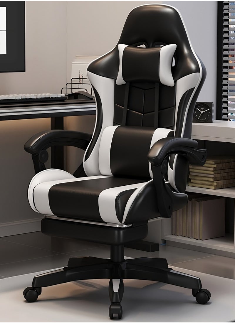 Black & White Gaming Chair with Footrest: Internet Cafe E-Sports Recliner - Comfortable Swivel Seat for Home Office and Computer Gaming