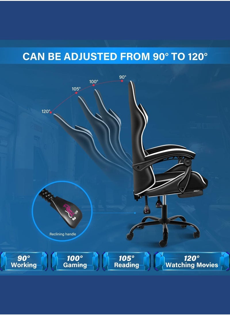 Black & White Gaming Chair with Footrest: Internet Cafe E-Sports Recliner - Comfortable Swivel Seat for Home Office and Computer Gaming