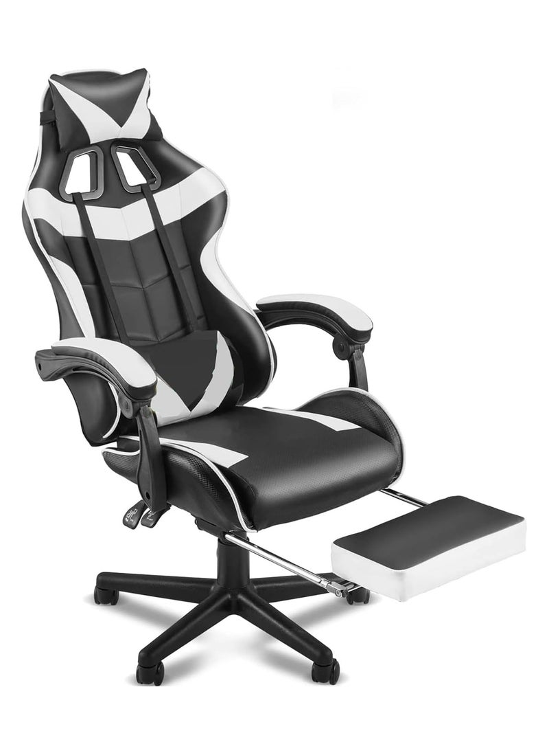 Black & White Gaming Chair with Footrest: Internet Cafe E-Sports Recliner - Comfortable Swivel Seat for Home Office and Computer Gaming