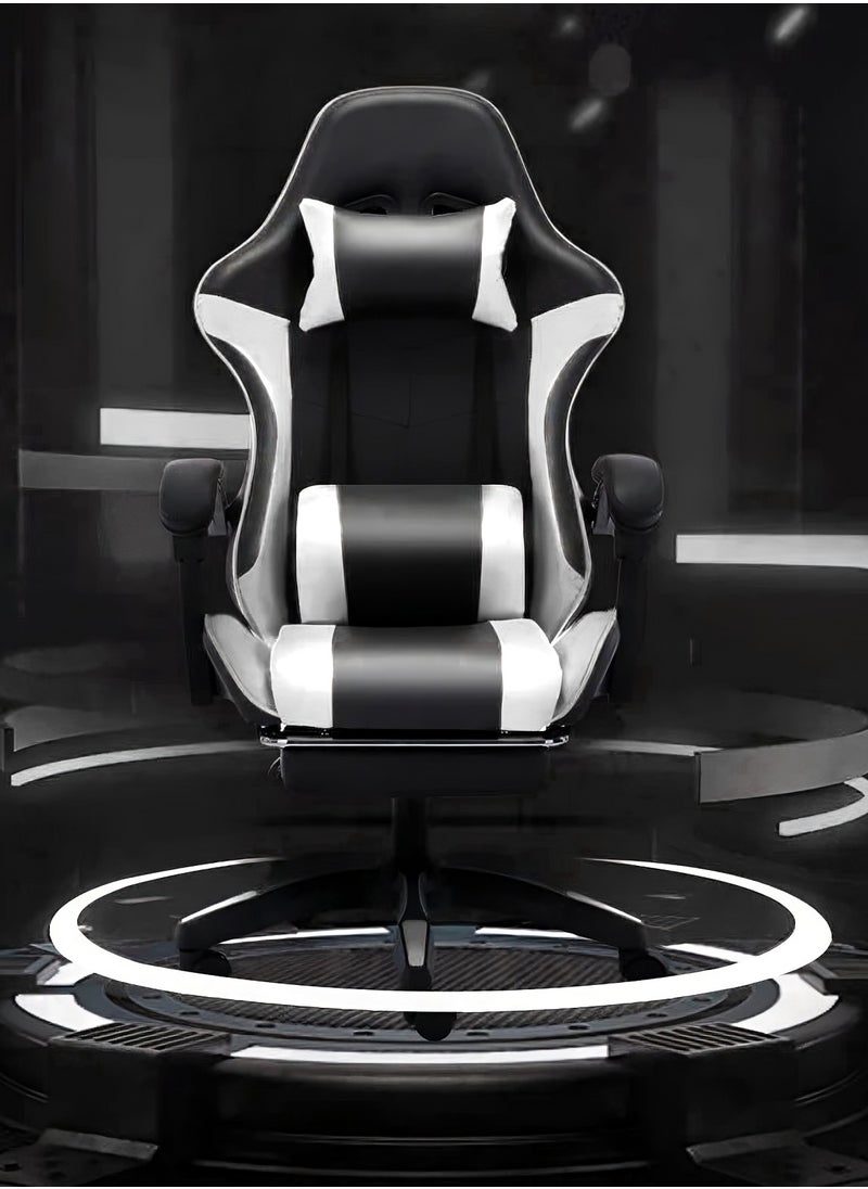 Black & White Gaming Chair with Footrest: Internet Cafe E-Sports Recliner - Comfortable Swivel Seat for Home Office and Computer Gaming